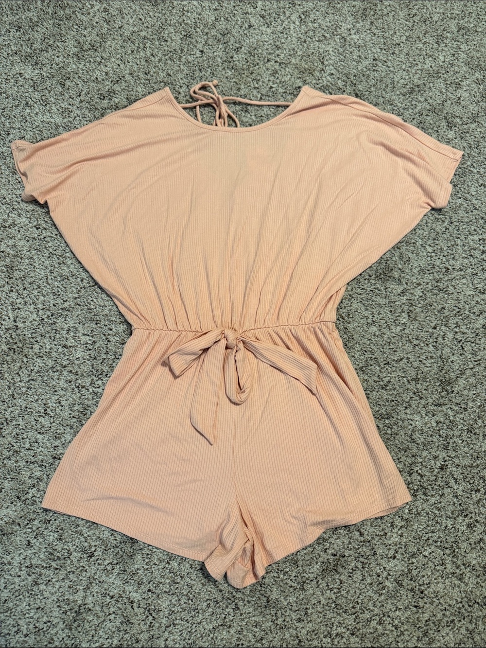 Versona Peach Ribbed Tie-Waist One-Piece Romper